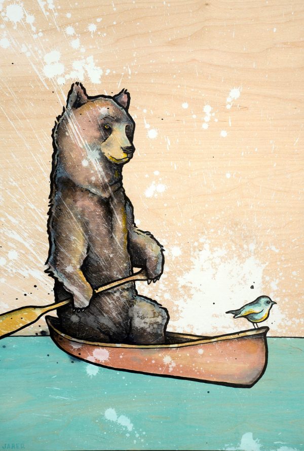 bear in canoe with bird on lake